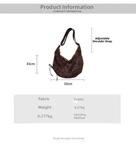 Size chart for leopard print suede tote bag with adjustable shoulder strap dimensions