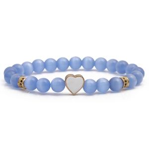 Bracciale di perline occhio di gatto blu-viola con ciondolo a cuore e oro