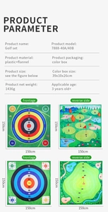Detailed spec sheet showing 150x150cm double-sided golf target mat with score zones