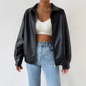 Women Faux Leather Jacket Lapel Zipper Long Sleeve Moto Biker Coat Streetwear Casual Retro Black Outerwear