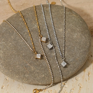 Square zircon pendant necklace sets in gold and silver finish on stones