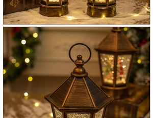 Vintage bronze Christmas lantern with Santa Claus figurine and warm LED glowing light
