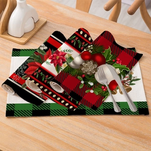 Christmas cotton linen placemats with vintage red plaid and pine cone holiday patterns