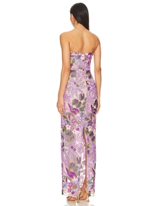 Detail of the back view of a slim floral sequin embroidery strapless maxi dress