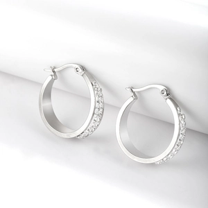 Classic silver stainless steel hoop earrings with double-row micro-pave crystals