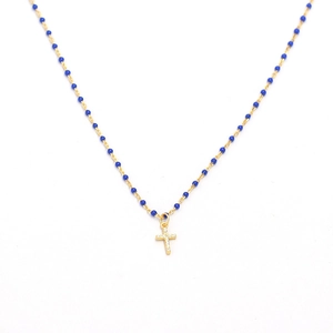 S925 sterling silver gold necklace with blue beads and a sparkling diamond cross pendant