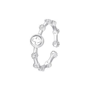 Polished S925 sterling silver hollow cross ring with sparkling zircon stones in silver