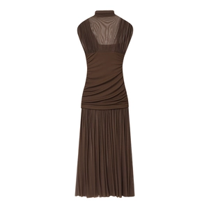 Detailed back view of dark brown sleeveless mesh dress with ruching and pleated skirt