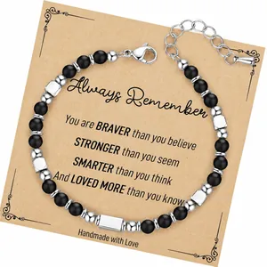 Detail view of handmade beaded bracelet with black matte stones and silver metal beads