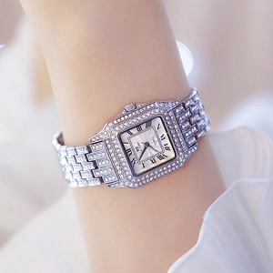 Silver square quartz watch for women with sparkling rhinestones and Roman numerals