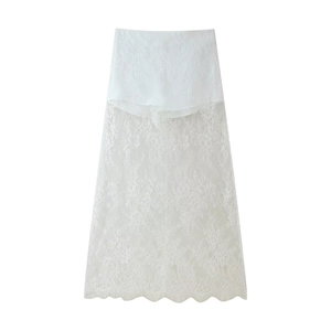 Détail d'une jupe longue blanche en dentelle florale avec ourlet transparent et doublure