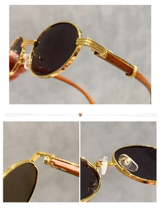 Detalle macro de las patillas de madera y bisagras metálicas en gafas de sol ovales
