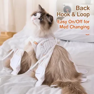 Breathable cotton cat recovery suit with carrot patterns and velcro back closure