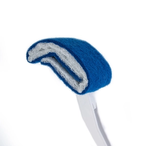 White toilet brush with curved blue and grey fiber bristles for efficient bathroom cleaning