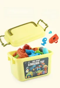 Detail of DIY take apart dinosaur toy set in a yellow storage box with STEM labels