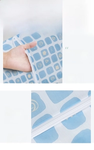 Detail of fine mesh laundry bag showing reinforced stitching and a smooth zipper
