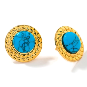 Bohemian candy-colored round stone earrings with gold braided texture and blue turquoise