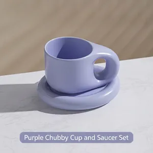 Cute purple ceramic fat mug with matching saucer set for coffee and milk