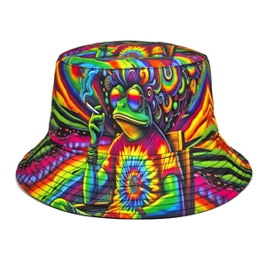 Psychedelic Frog Print Bucket Hat Polyester Tie Dye Colorful Sun Protection Streetwear Retro Outdoor Fisherman Hat