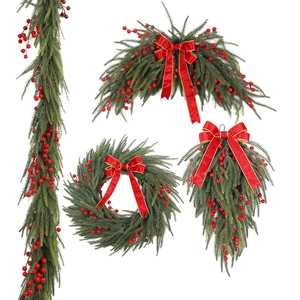 Christmas Artificial Pine Needle Red Berry Wreath Garland With Ribbon Bow LED Warm Light For Home Wall Door Hanging Decor