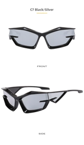 Front and side views of futuristic geometric sunglasses with black frame and silver lenses