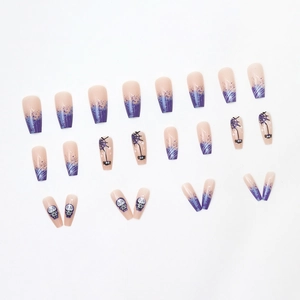 Halloween purple glitter long coffin fake nails with spider web and skull patterns