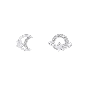 Asymmetric S925 sterling silver moon and planet stud earrings with zircon stones
