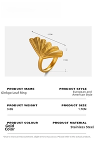 Detailed size chart of the golden stainless steel ginkgo leaf ring with weight info