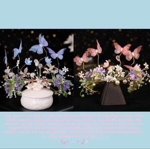 Detail of handmade butterfly floral headband with organza wings and pearls decoration