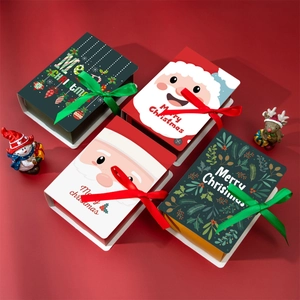Christmas book-shaped gift boxes with festive Santa designs and decorative ribbons