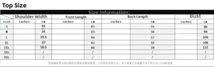 Detailed size chart for sleeveless denim vest showing bust and shoulder measurements in cm