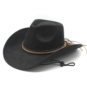 Western black faux suede cowboy hat with braided band and fringe details on white background