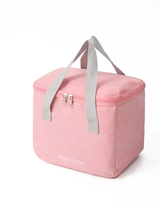 Detailed side view of pink waterproof cationic insulated lunch bag with gray handles