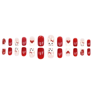 Cute red and white rabbit pattern press-on nails with heart design in 24-piece set
