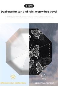 Dual-use automatic folding umbrella with UV protection coating and butterfly print