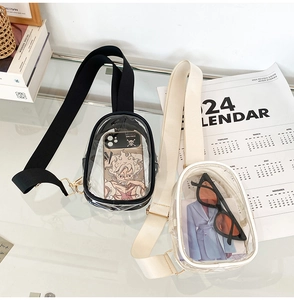 Flat lay of transparent PVC crossbody chest bags with black and beige trim accents