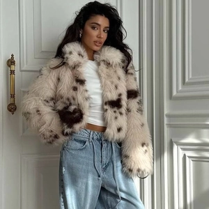 Women Faux Fur Jacket Animal Print Leopard Spots Short Plush Coat Zipper Lapel Thick Warm Winter Fashion Outerwear