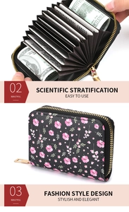 Detail of floral accordion card holder showing large capacity slots and metal zipper closure