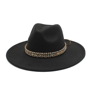 Classic black wide brim wool fedora hat with ethnic style braided decorative band for women