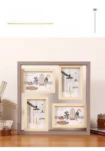 Detail of grey and natural wood multi-photo frame with 4x6 inch openings on a desk
