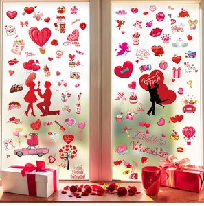 Cozy Valentine's Day window static clings with red heart balloons and couple silhouette art