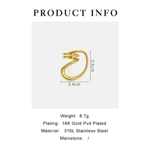 Detail view of 18K gold plated 316L stainless steel geometric ring with size and weight info
