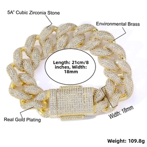 Detail view of 18mm Cuban link bracelet with 5A+ CZ stones and gold plating