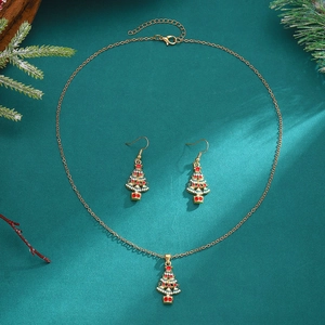 Christmas jewelry set with golden enamel Christmas tree necklace and matching earrings