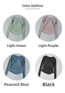 Détail des t-shirts de sport à manches longues et col en V en vert, violet, bleu et noir