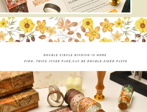 Close-up of floral washi tape set with warm yellow flower patterns for DIY scrapbooking decor