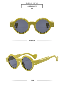 Detailed front and side views of mustard yellow round sunglasses with silver rivets