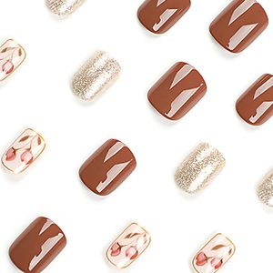 Kurze eckige Tulip Press-on Nails Set in Karamellbraun mit Champagner-Glitzer und Blumendesign