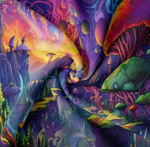 Macro shot of surreal mushroom tapestry fabric showing high-definition digital print texture