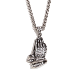 Hip hop 18K gold plated praying hands pendant necklace with iced out crystals and rope chain